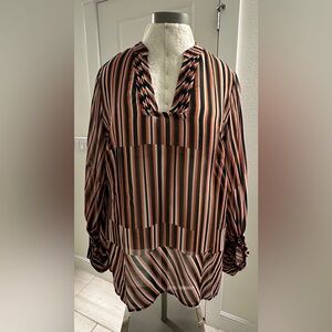 CAbi long sleeved, v-neck, striped sheer pullover blouse. Navy, red, green.